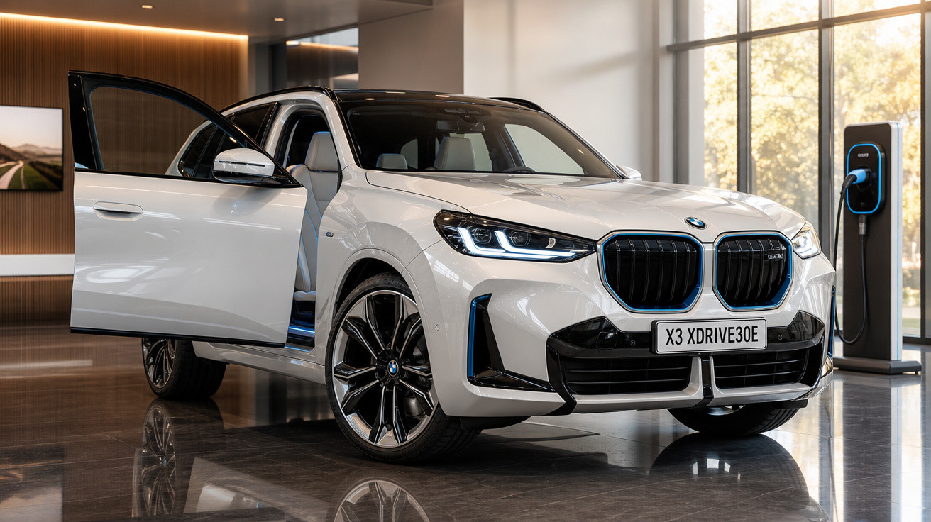Carro elétrico BMW X3 XDRIVE30E branco com porta aberta em showroom moderno, ao lado de estação de recarga.