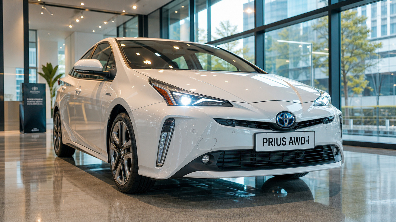 Carro branco Toyota Prius AWD-i exibido em showroom moderno com luz natural entrando pelas janelas.