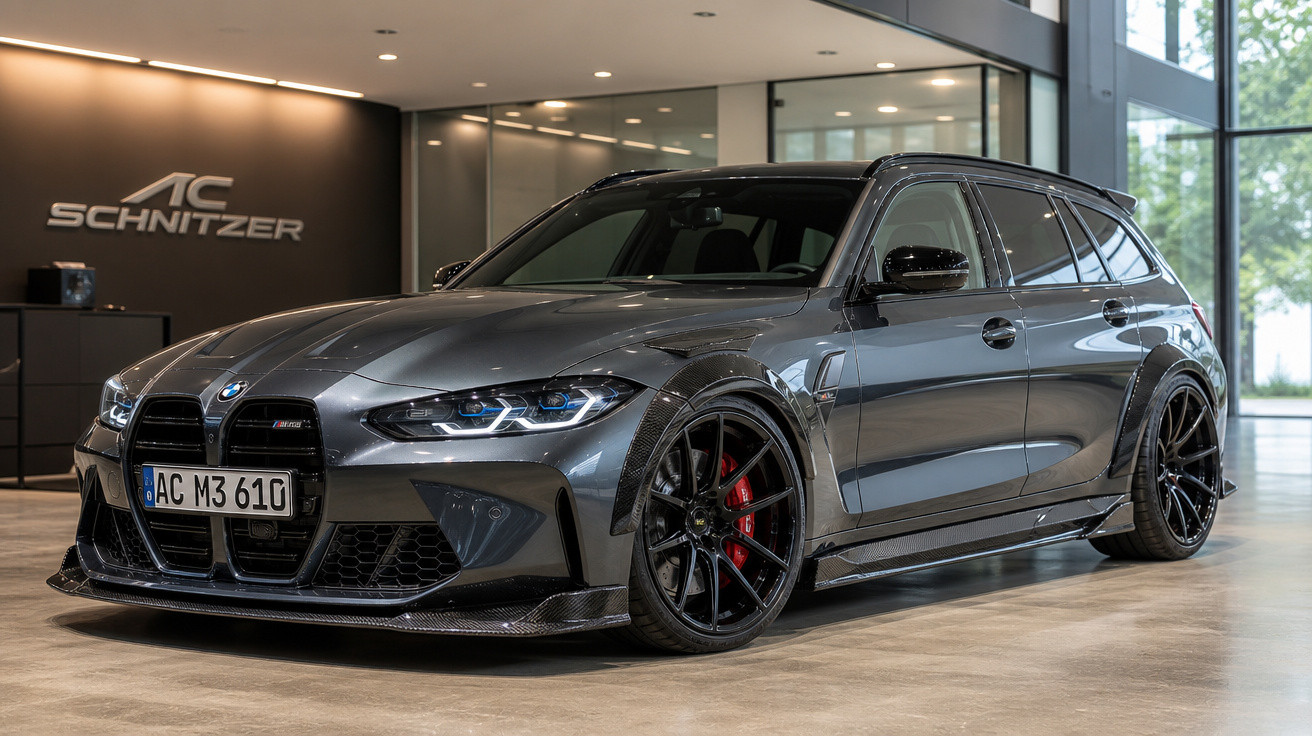 BMW M3 Touring cinza escuro com rodas pretas esportivas, exibida em showroom moderno da AC Schnitzer.