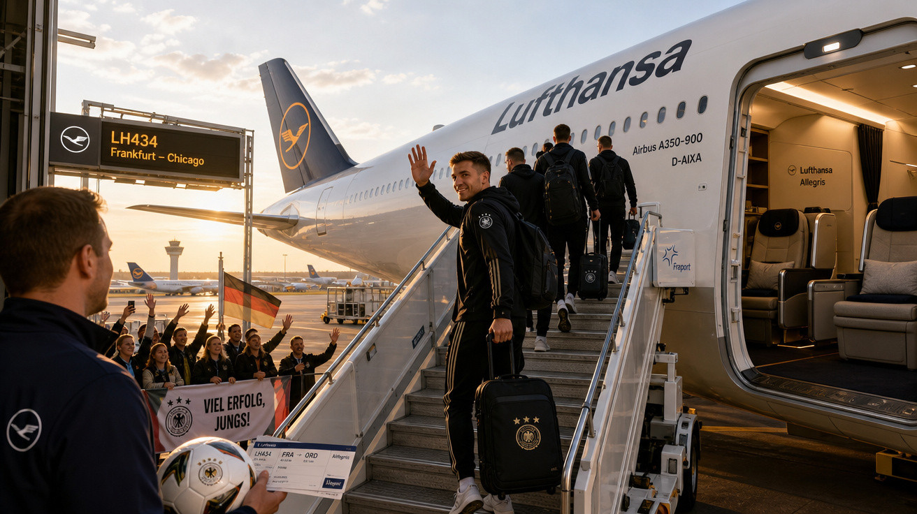 Jogadores de futebol embarcando em avião da Lufthansa enquanto torcedores acenam no portão do aeroporto.