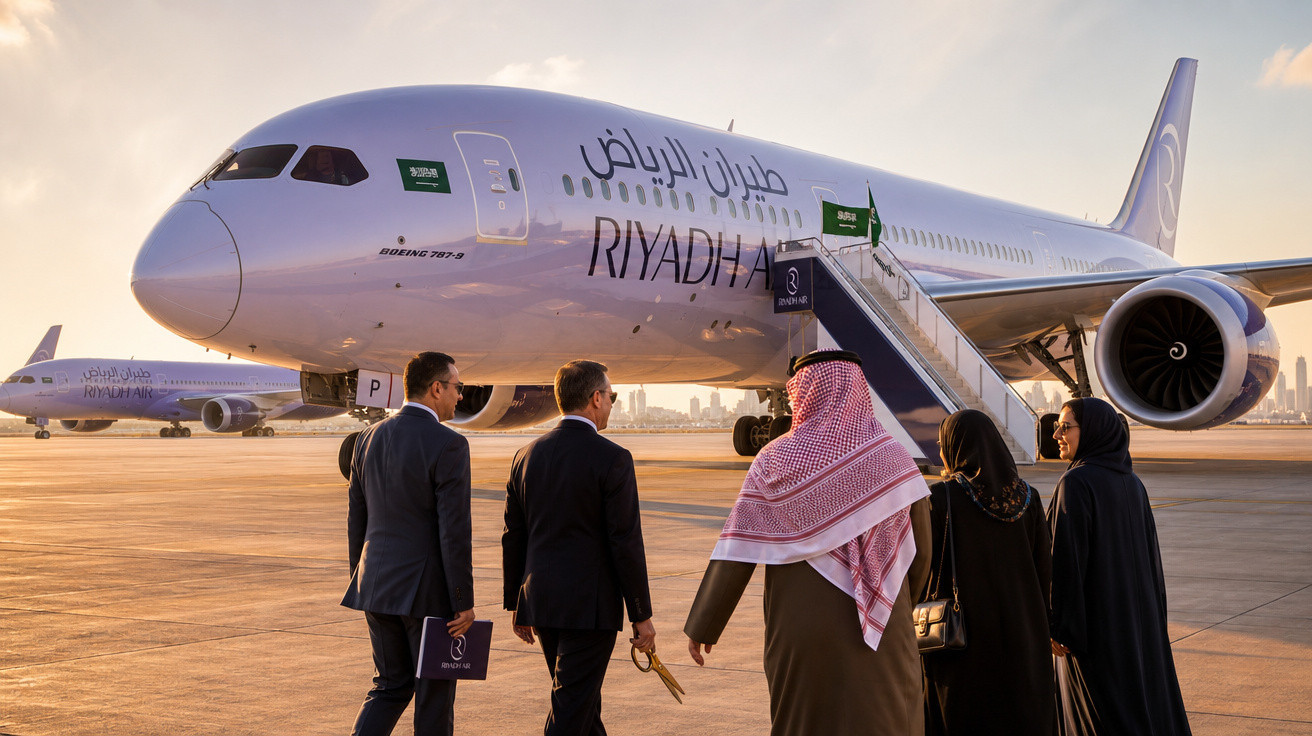 Quatro pessoas caminhando para um avião da Riyadh Air no aeroporto ao pôr do sol.