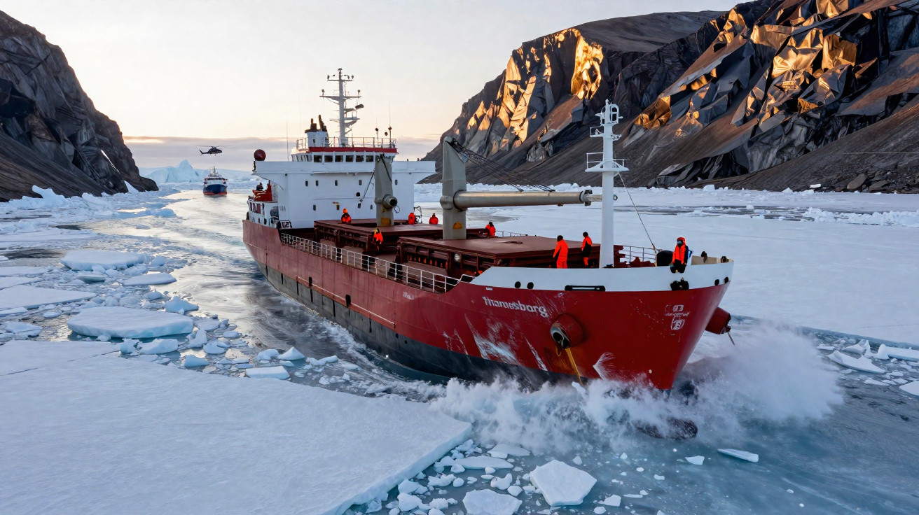 Navio vermelho navegando por canal estreito com gelo flutuante e montanhas ao fundo no pôr do sol.