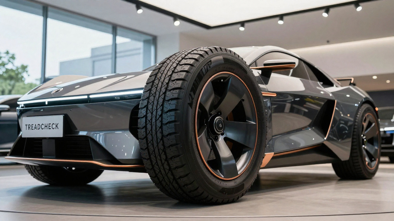 Carro esportivo cinza com rodas pretas exibido em showroom moderno e iluminado.