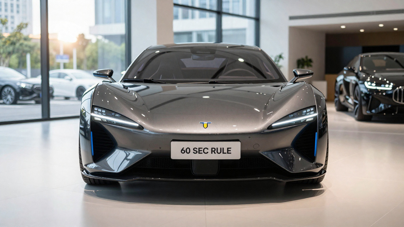 Carro esportivo cinza estacionado em showroom moderno com placa "60 SEC RULE".