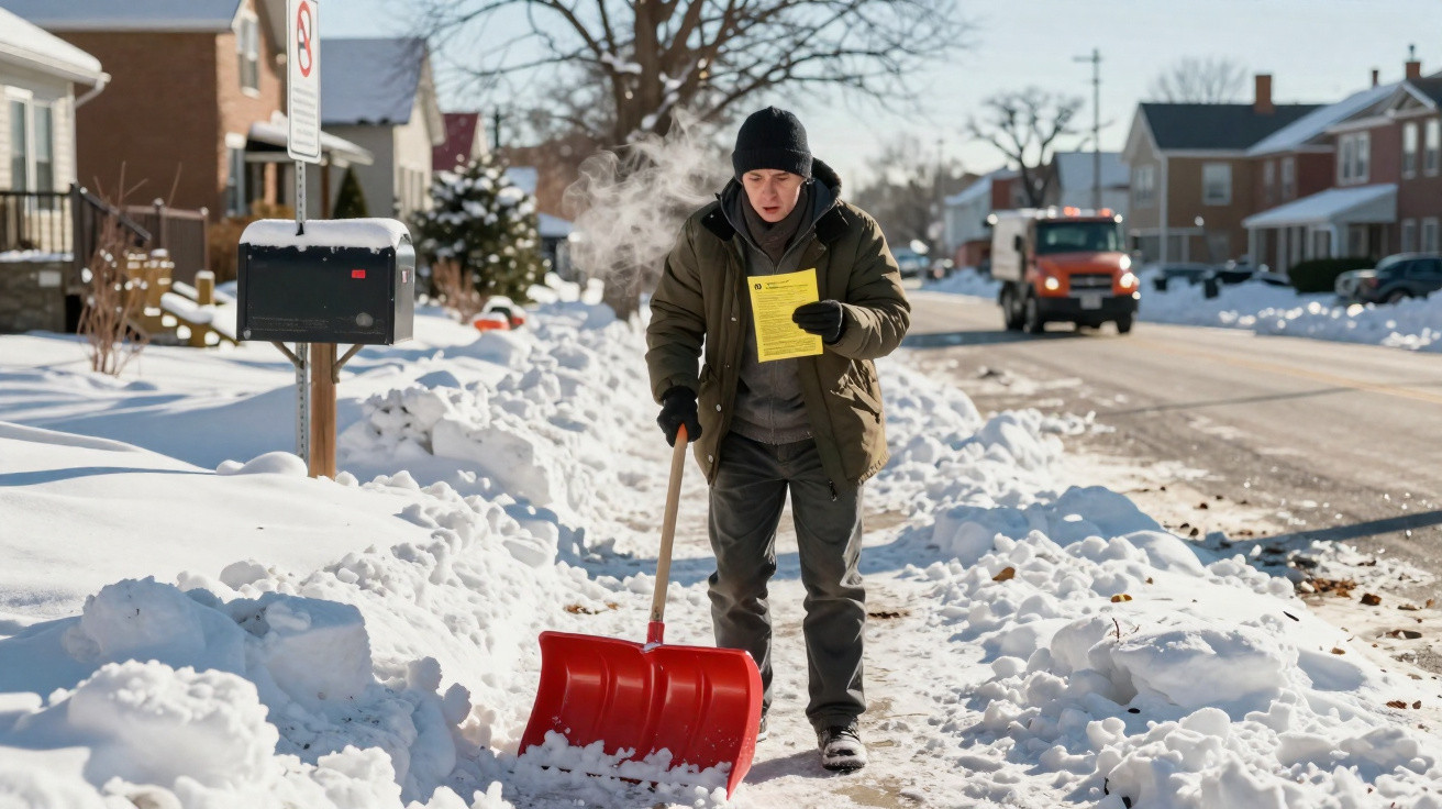 Homem com roupa de inverno usando pá vermelha para limpar neve em bairro residencial durante dia ensolarado.