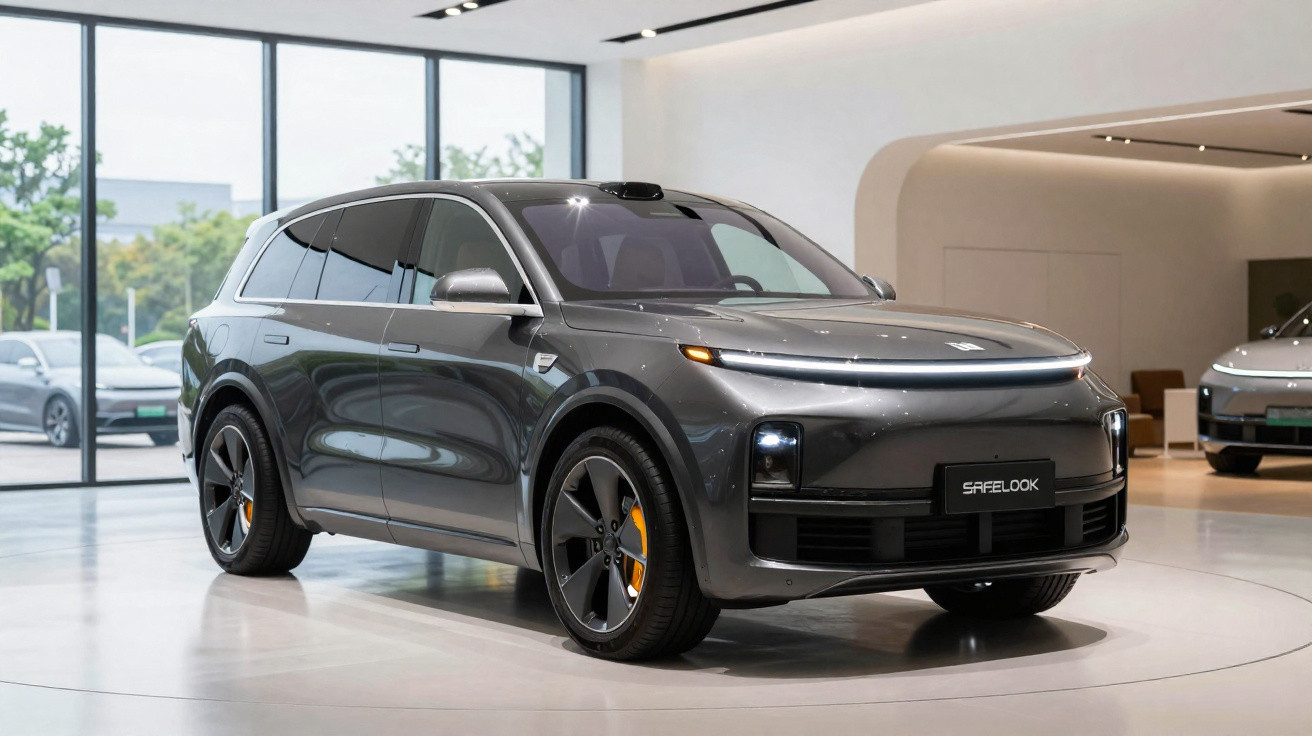 SUV elétrico cinza escuro futurista em showroom moderno com janelas grandes e piso claro.