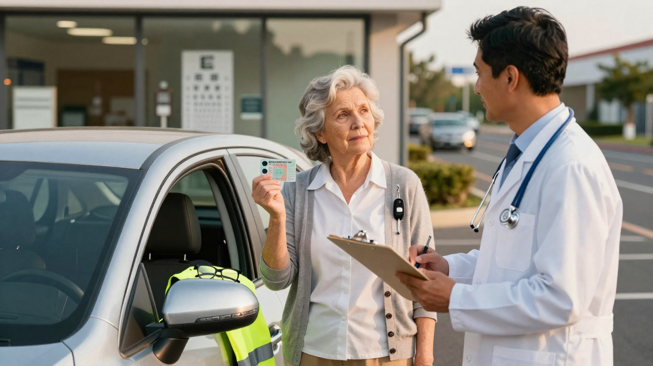 Mulher idosa mostrando carteira de motorista para médico em estacionamento, com foco no documento.