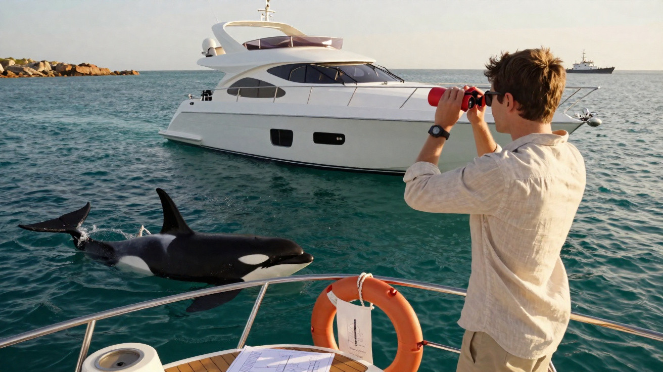 Homem observa orca no mar a partir da proa de um barco próximo a um iate branco.