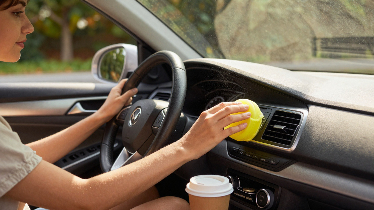 Pessoa limpando o painel do carro com pano amarelo enquanto dirige, com copo de café no suporte.
