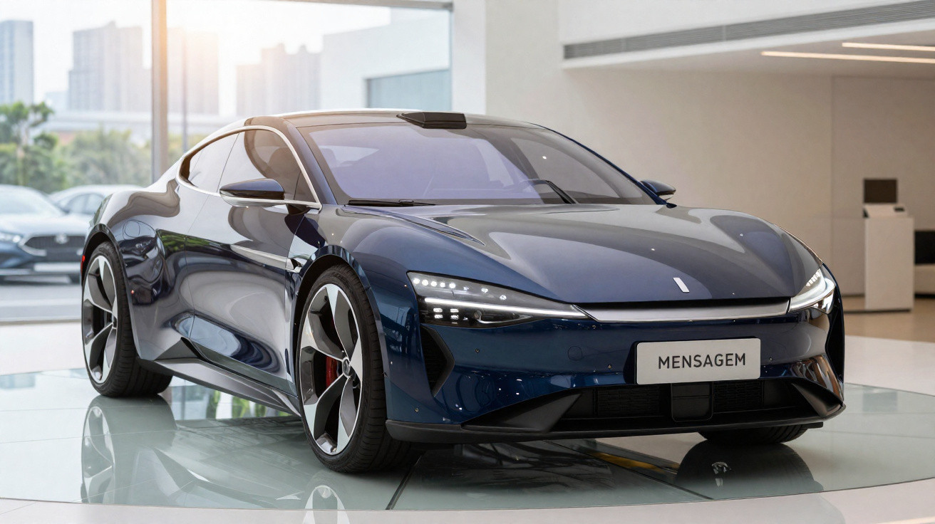 Carro esportivo elétrico azul escuro exibido em showroom moderno com iluminação natural e vidro ao fundo.