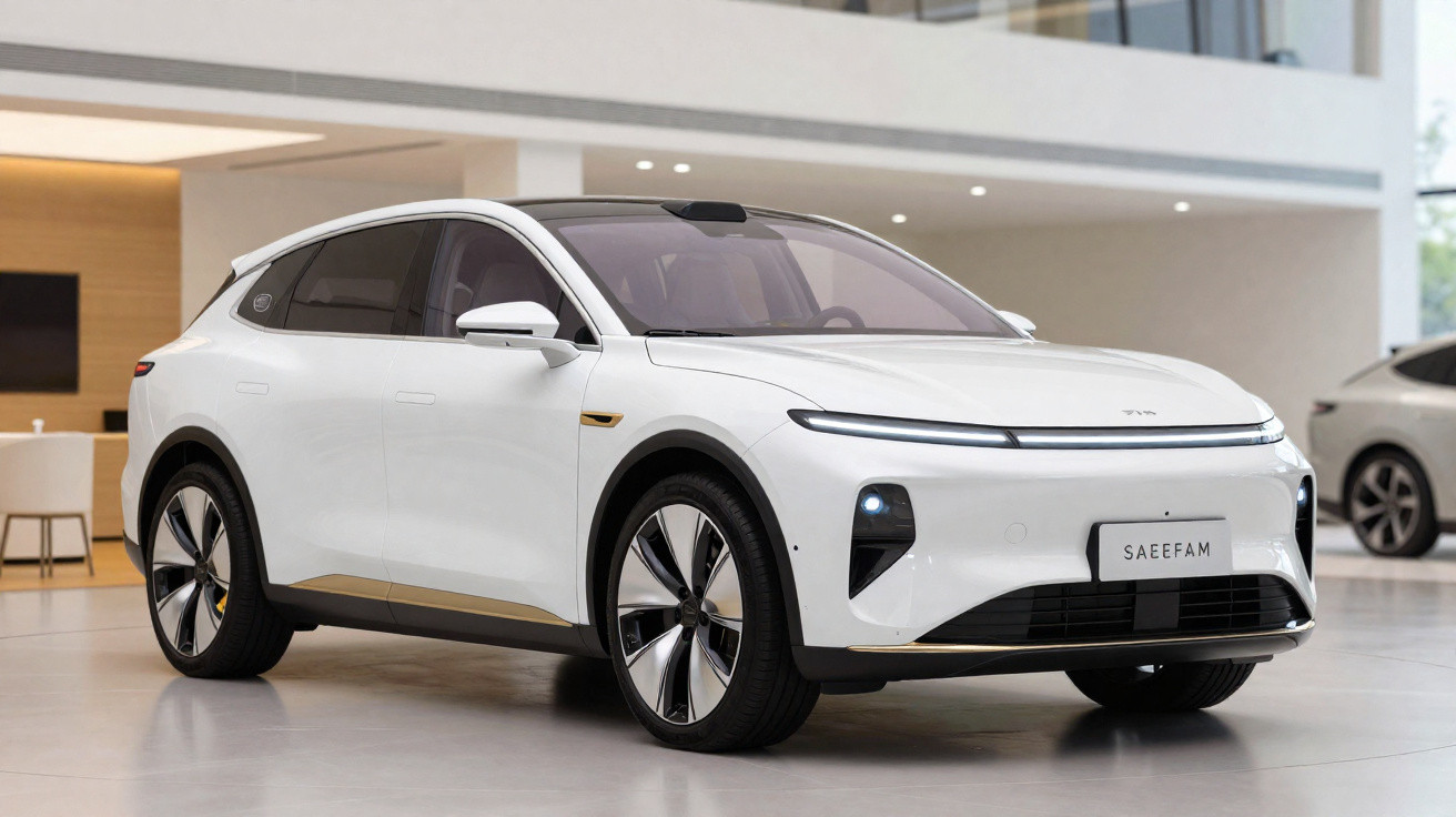 Carro elétrico branco moderno estacionado em ambiente interno com design aerodinâmico e rodas grandes.