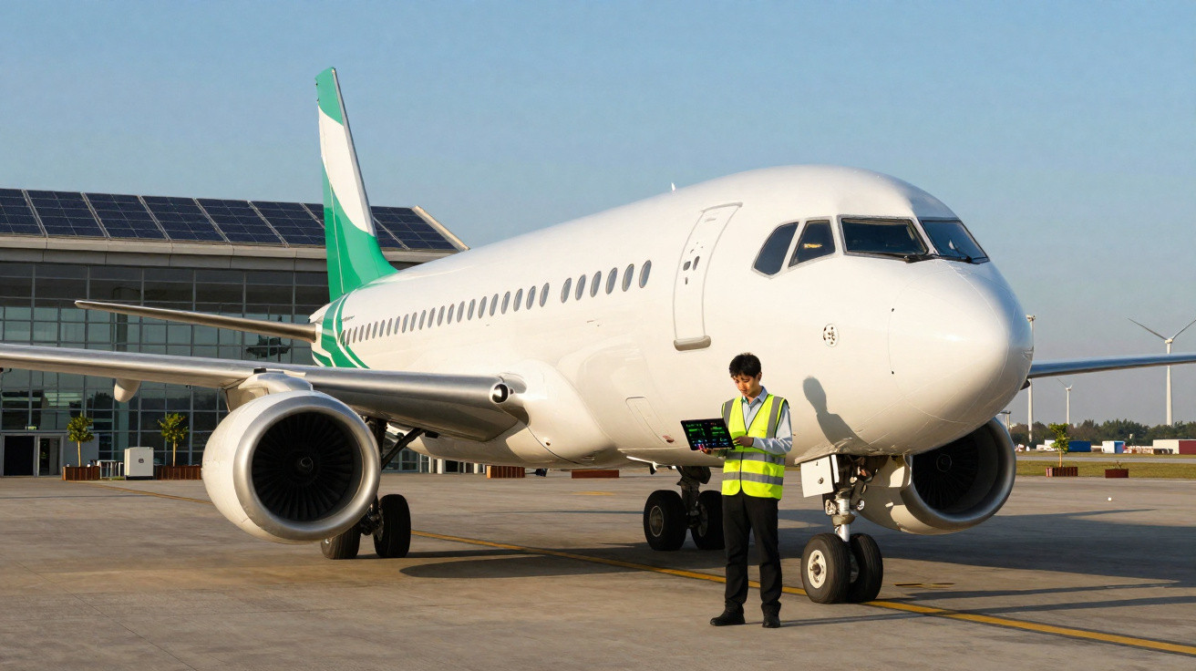 Aeronave branca estacionada em aeroporto com técnico de colete refletivo inspeccionando com tablet.