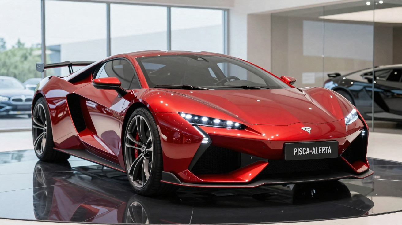 Carro esportivo vermelho brilhante em exposição dentro de showroom moderno com iluminação natural.