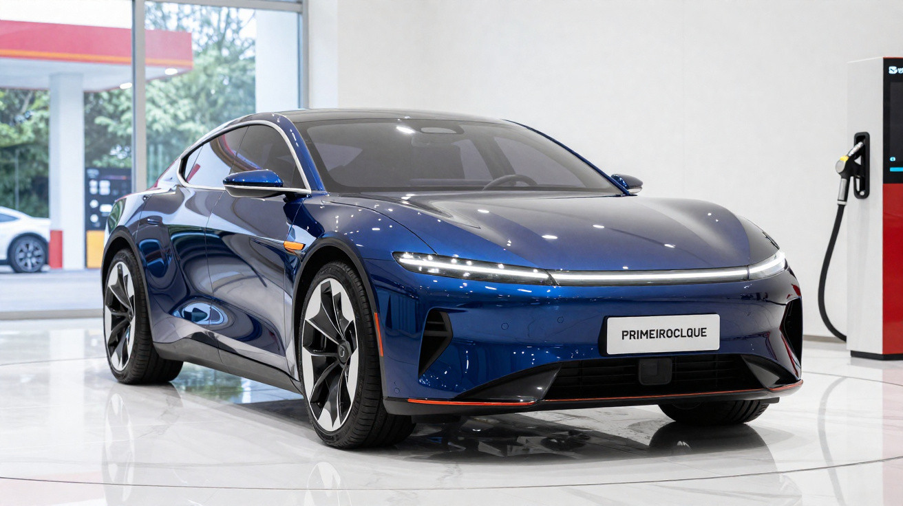 Carro elétrico esportivo azul exibido em showroom moderno com bomba de recarga ao lado.