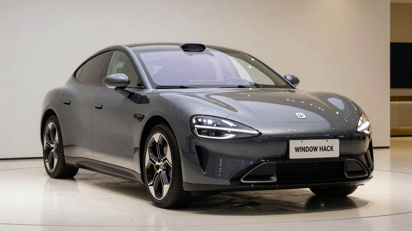 Carro elétrico cinza escuro com design esportivo em exibição sob iluminação interna branca.
