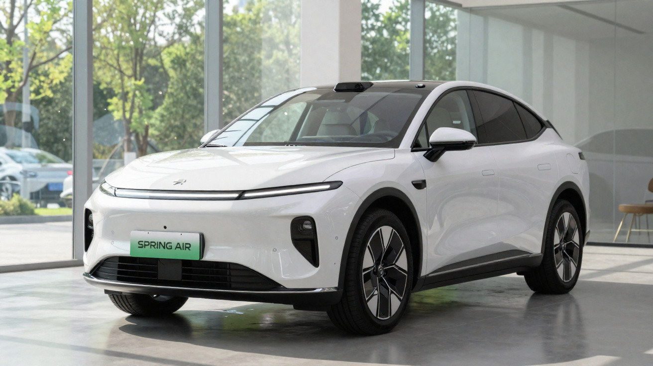 Carro elétrico branco modelo SUV estacionado em ambiente interno moderno com janelas grandes.