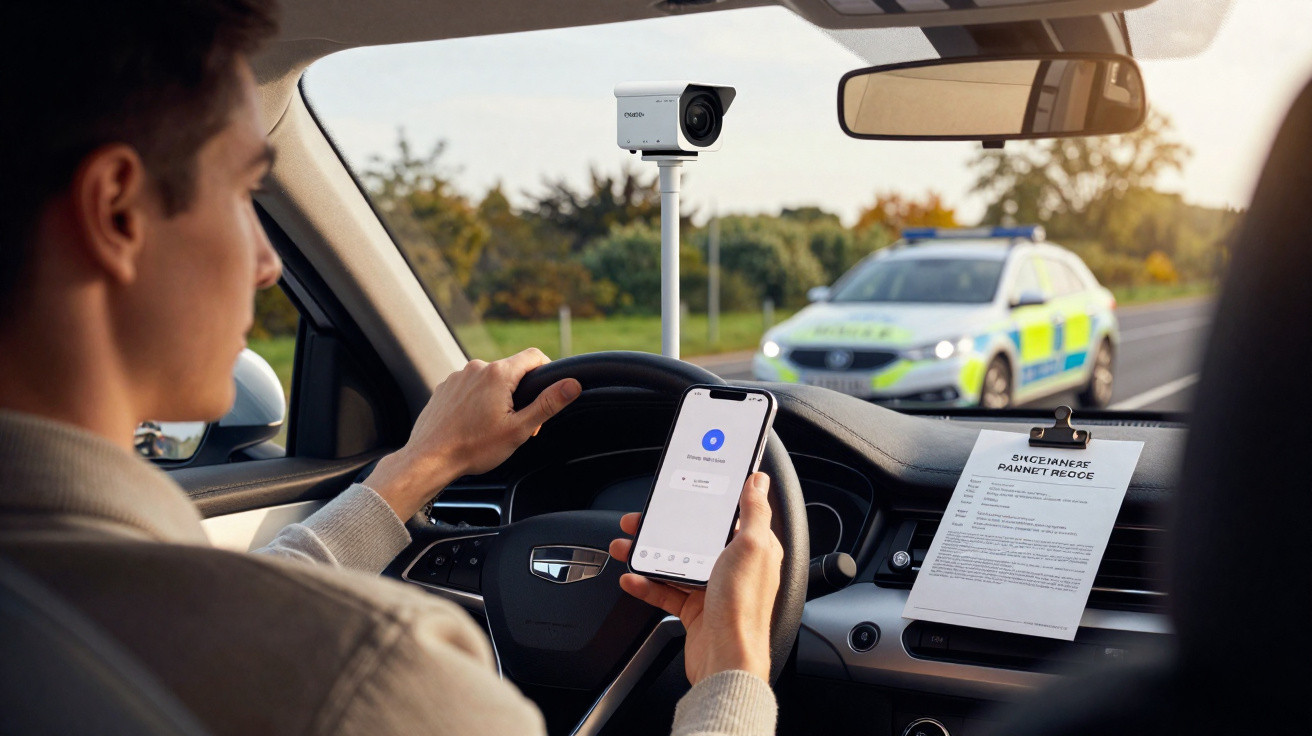 Homem dirigindo e segurando celular com câmera e carro da polícia ao fundo em estrada.