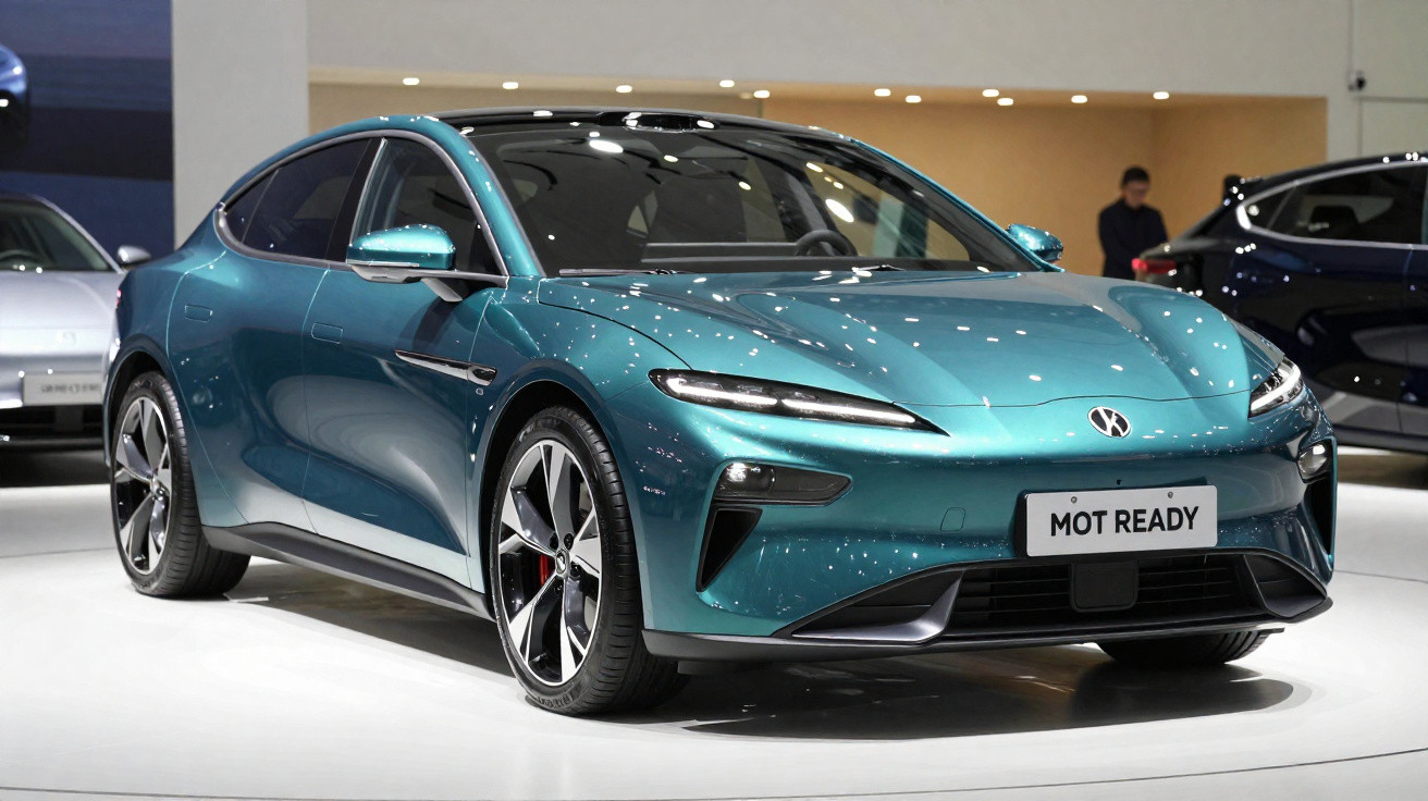 Carro elétrico esportivo azul metálico exposto em salão automotivo com faróis finos e rodas grandes.