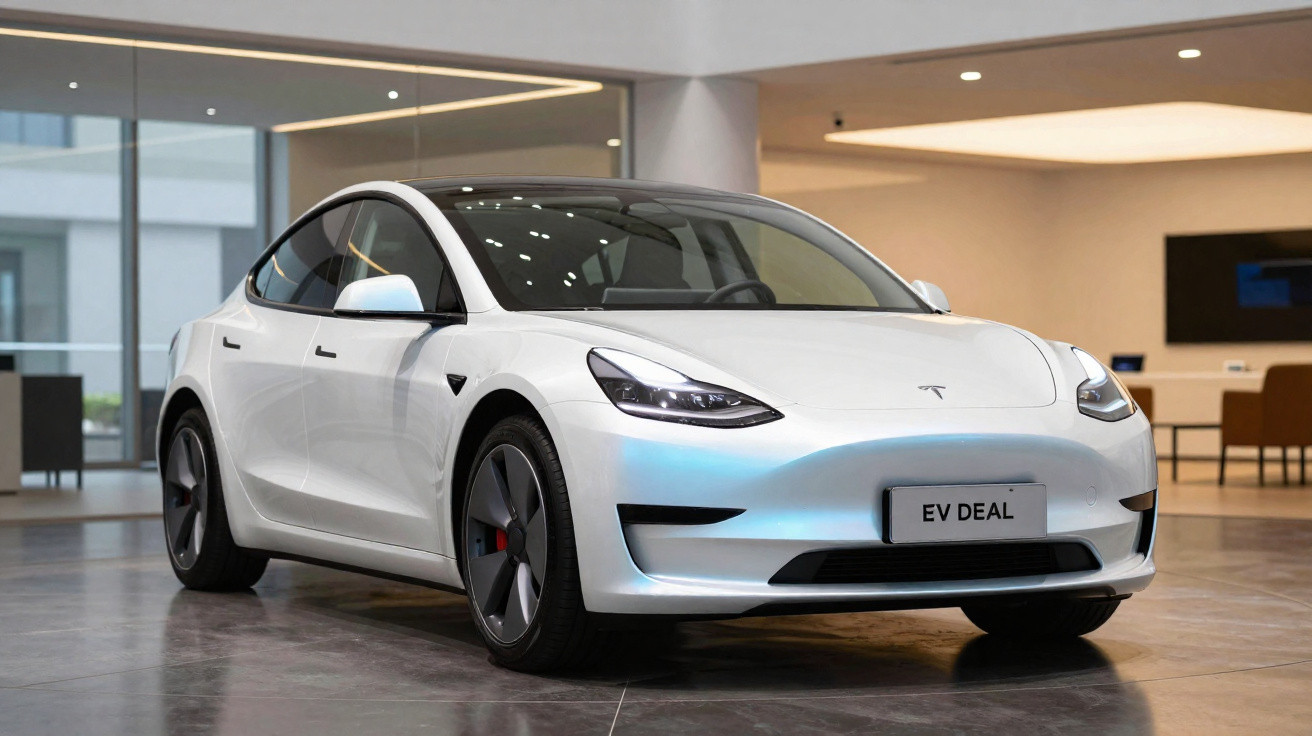 Carro elétrico Tesla Model 3 branco estacionado em ambiente interno moderno e iluminado.