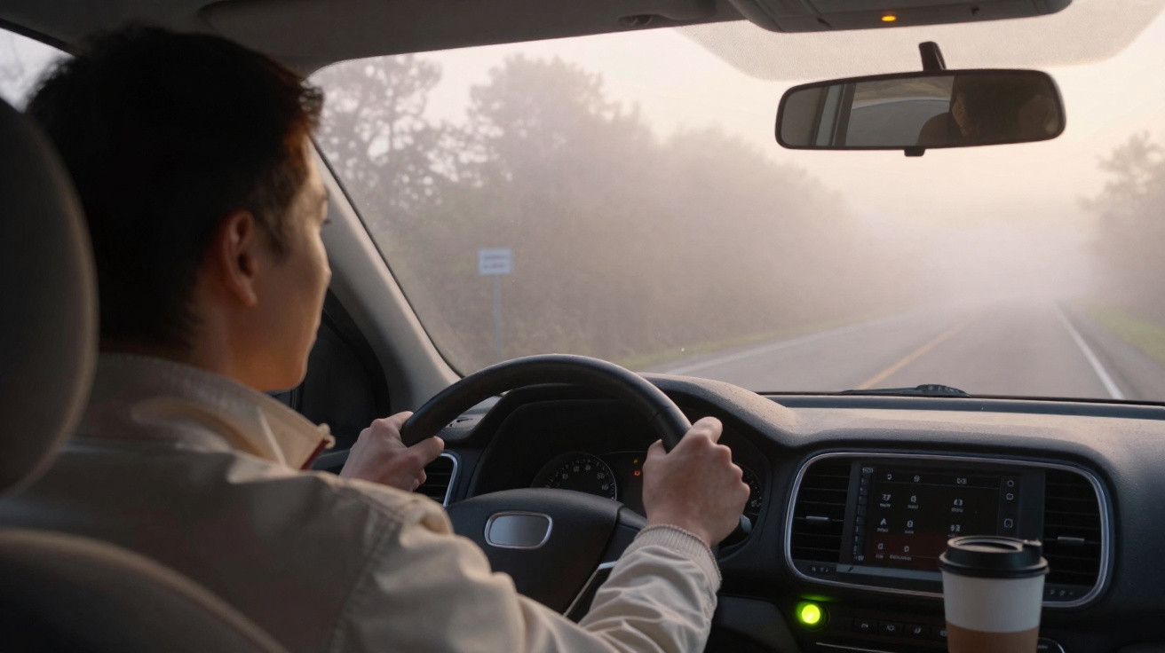 Pessoa dirigindo em estrada com neblina, vista interna do carro com copo térmico no console.