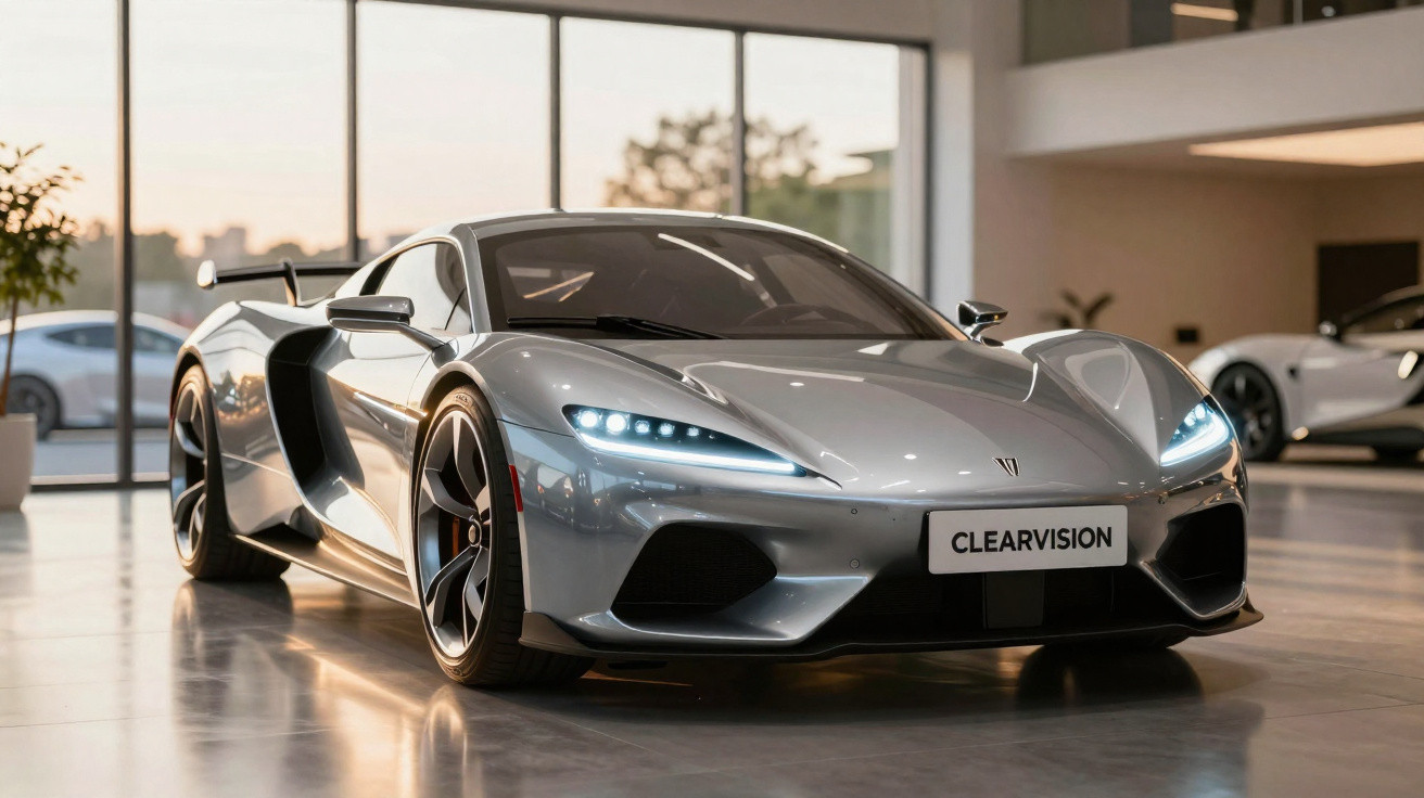 Carro esportivo cinza prata com faróis acesos exibido em showroom moderno com grandes janelas.