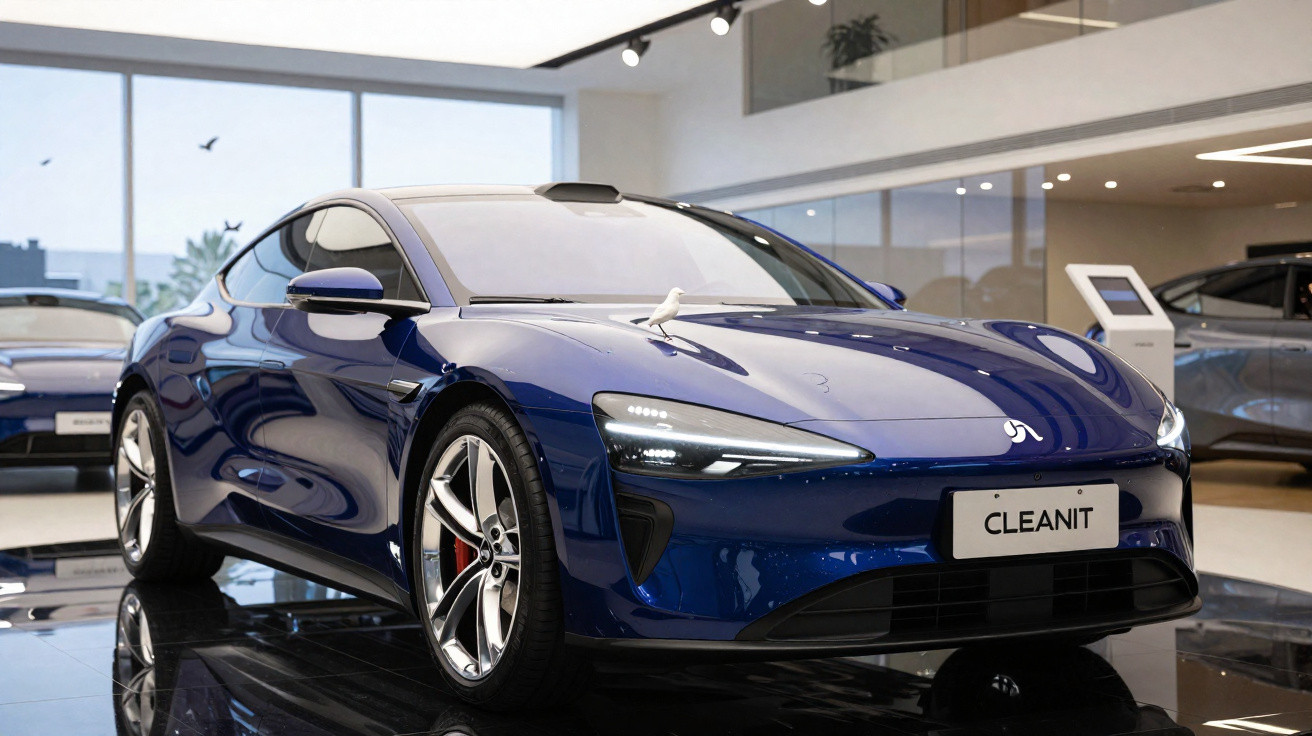 Carro esportivo azul escuro com design moderno exposto em showroom iluminado e refletivo.