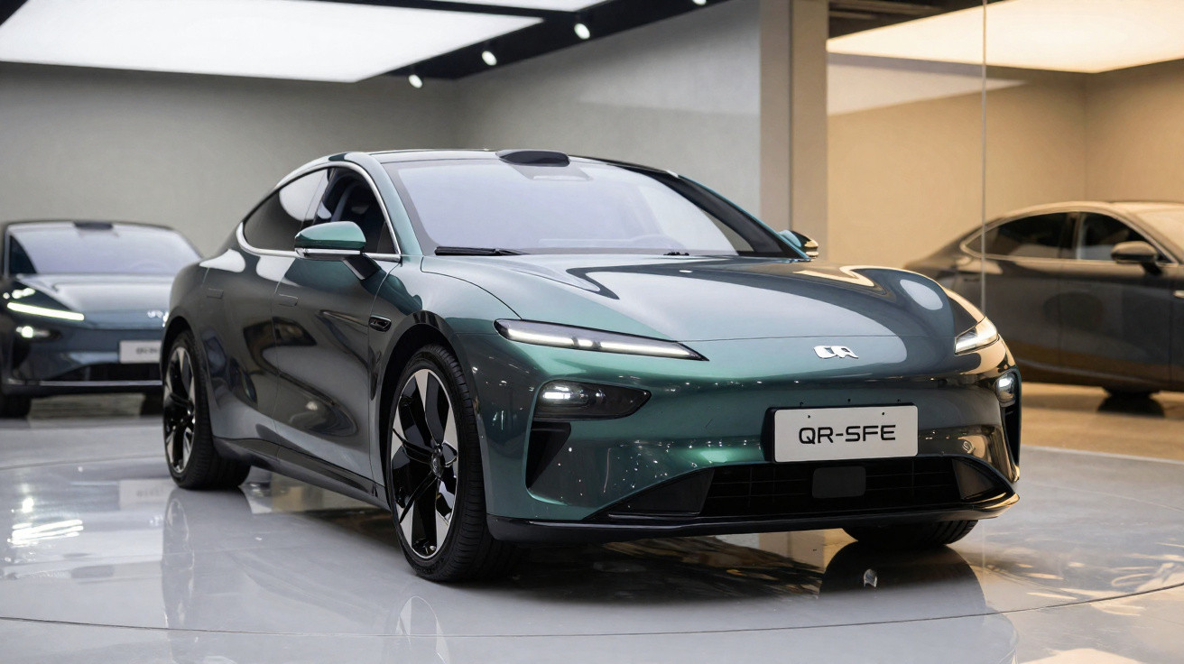 Carro elétrico sedan verde em exposição, com design moderno e aerodinâmico, modelo QR-SFE.
