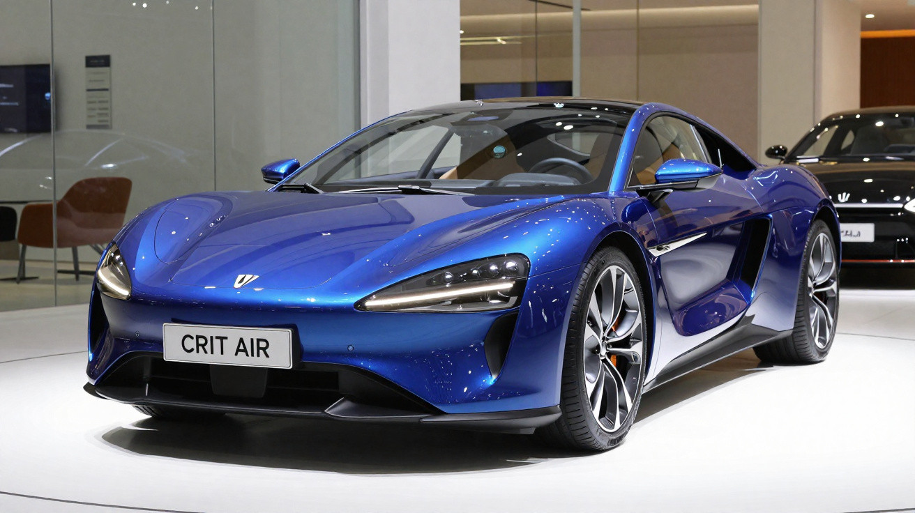 Carro esportivo azul metálico em exposição dentro de salão com teto e paredes claras.
