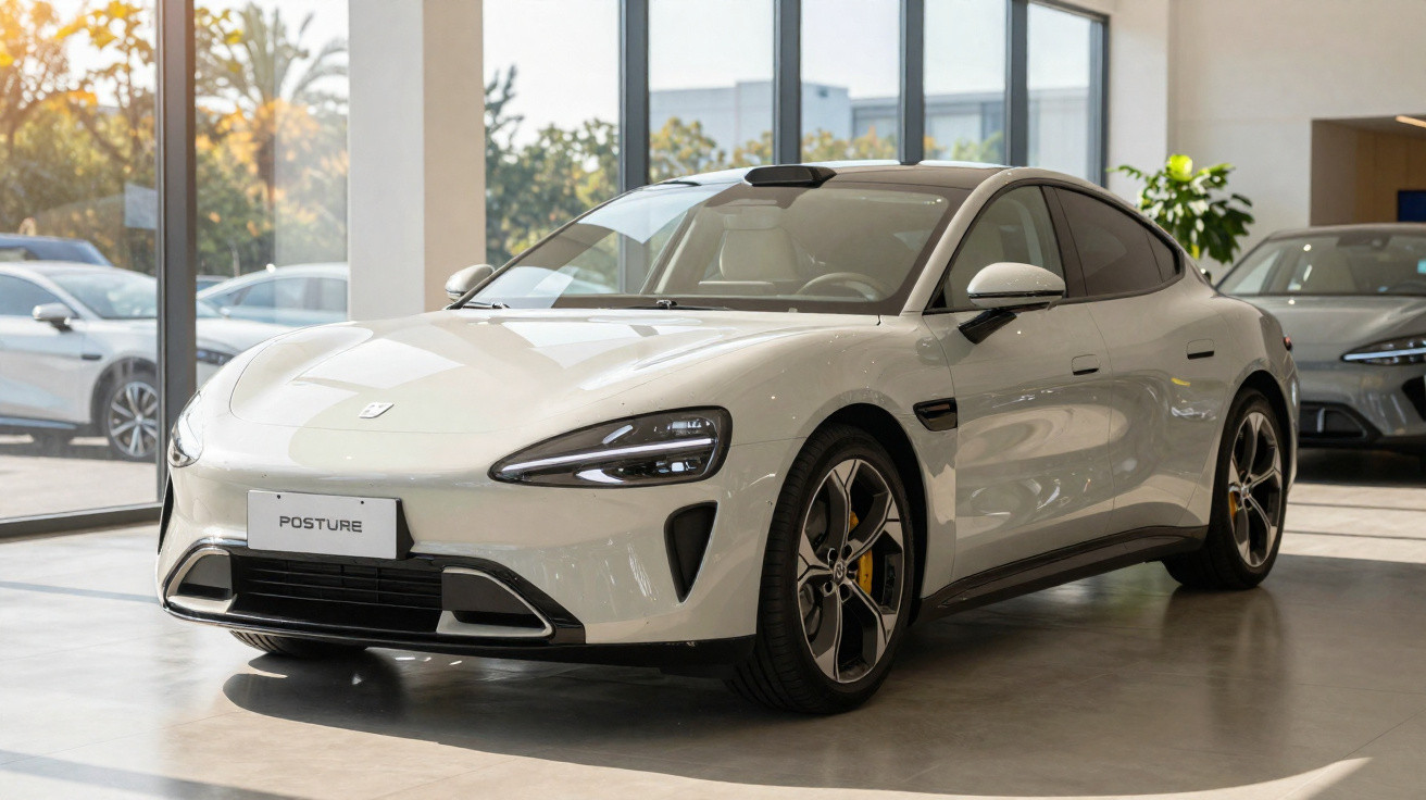 Carro elétrico branco modelo Posture em showroom com janelas amplas ao fundo.