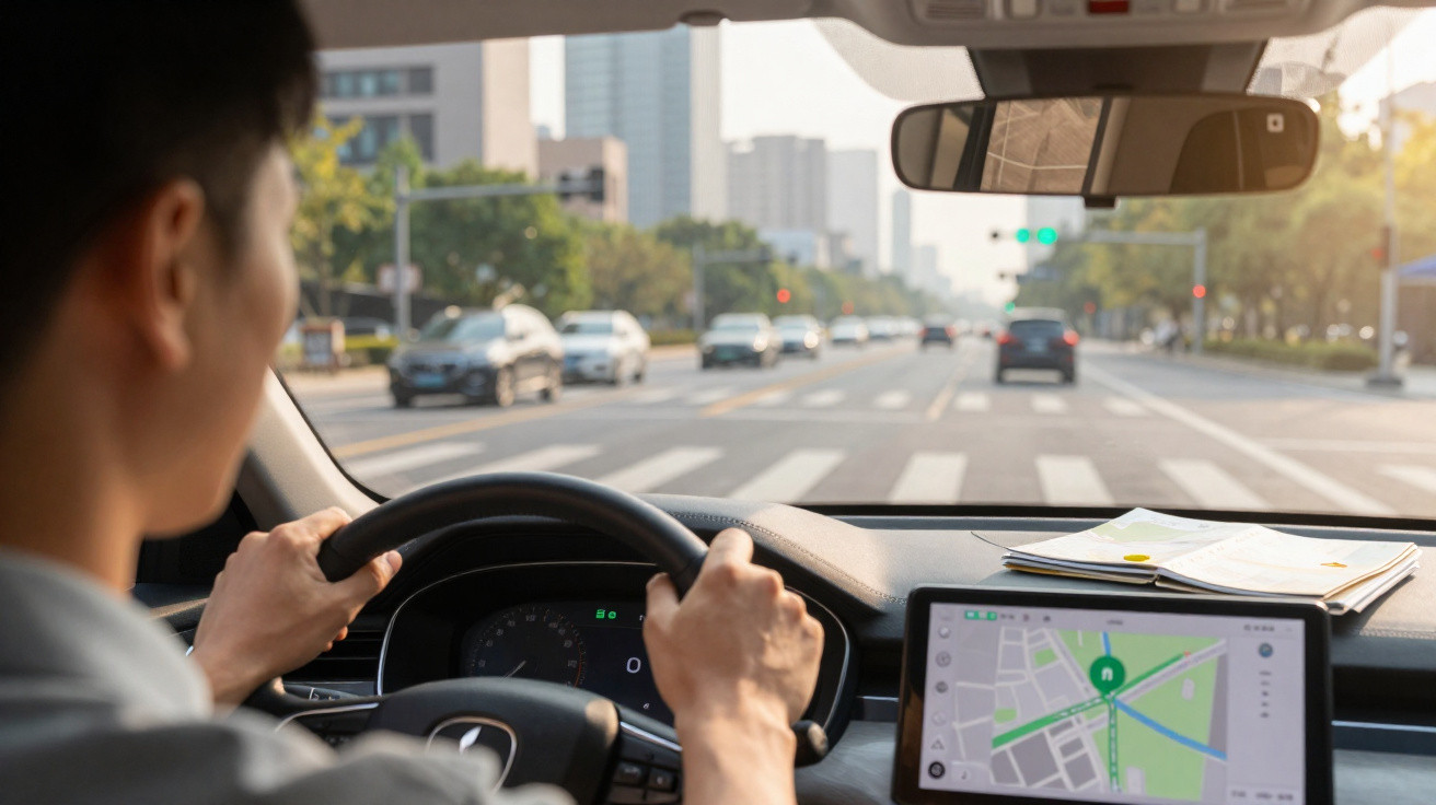Motorista em carro dirigindo por avenida com mapa digital na tela do painel e trânsito ao fundo.