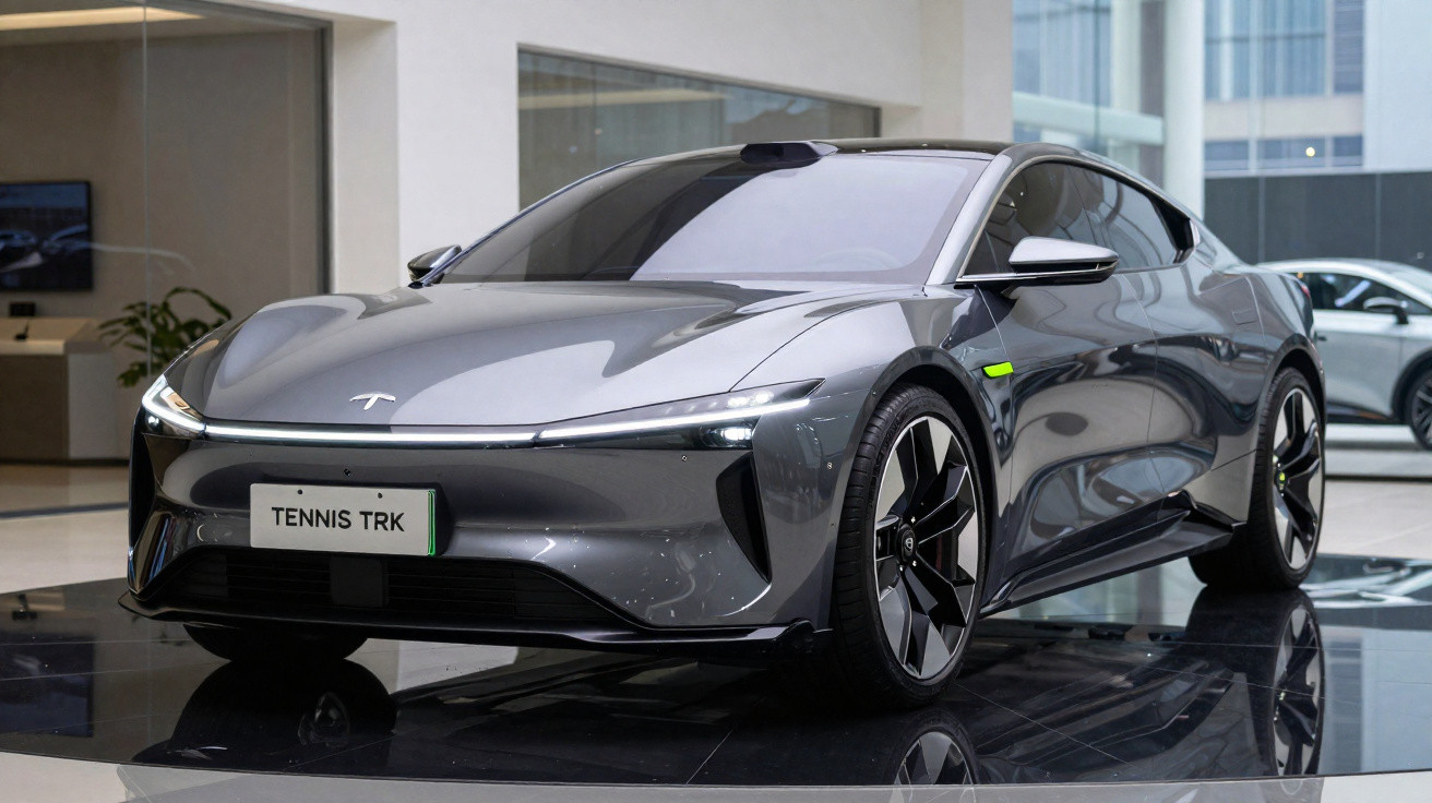 Carro elétrico esportivo cinza escuro TENNIS TRK exibido em ambiente interno moderno.