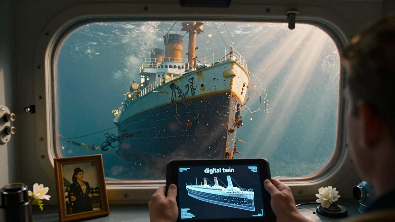 Interior de submarino com homem segurando tablet que mostra modelo digital de navio naufragado visto pela janela.
