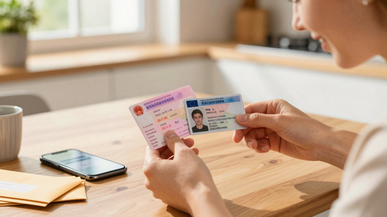 Pessoa segurando dois documentos de identidade em uma mesa com celular e envelope ao fundo.