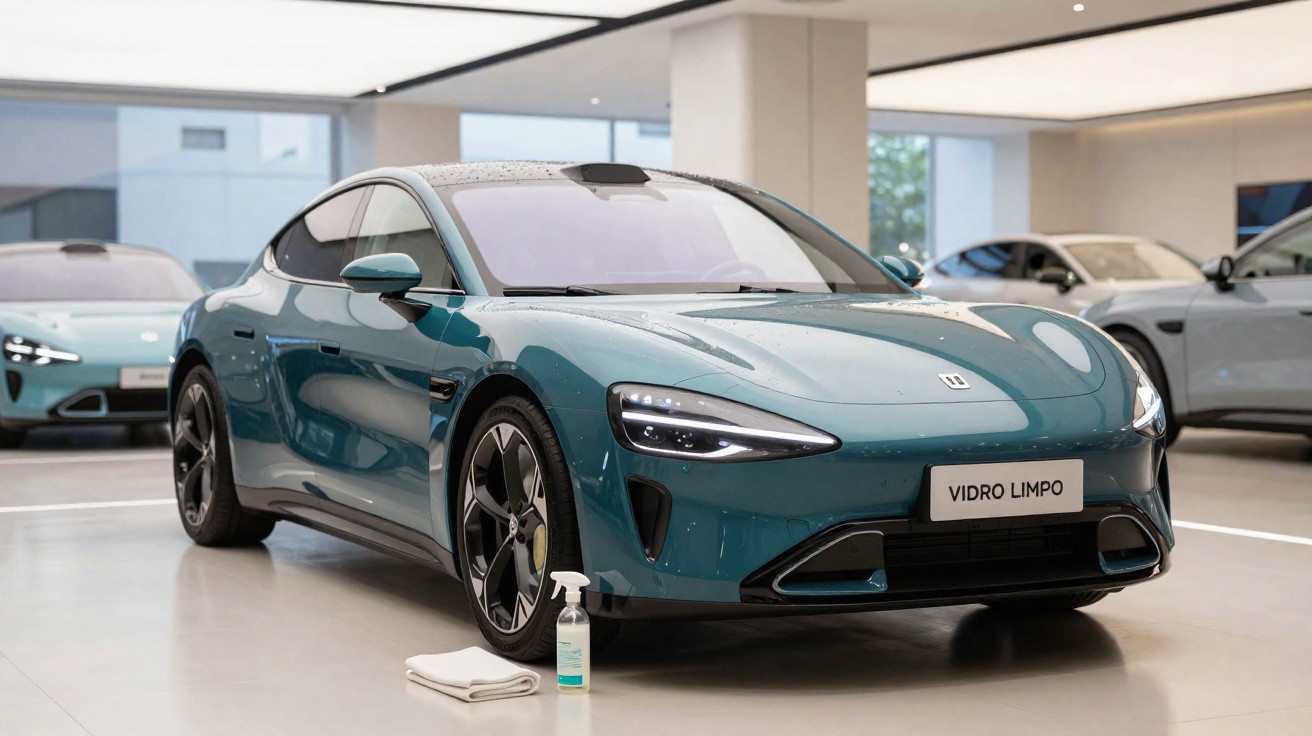 Carro elétrico azul em showroom com spray de limpeza de vidro e pano ao lado dianteiro esquerdo.