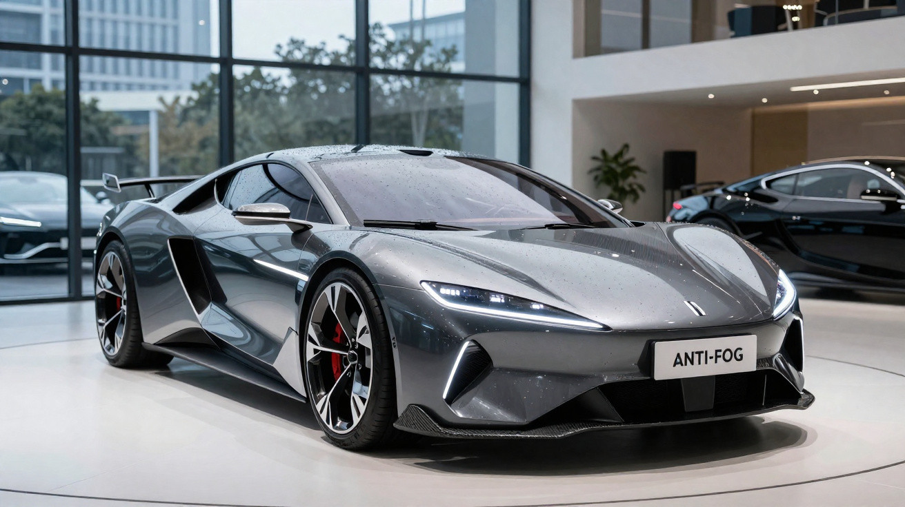 Carro esportivo cinza metálico com faróis LED acesos em exposição dentro de showroom moderno.
