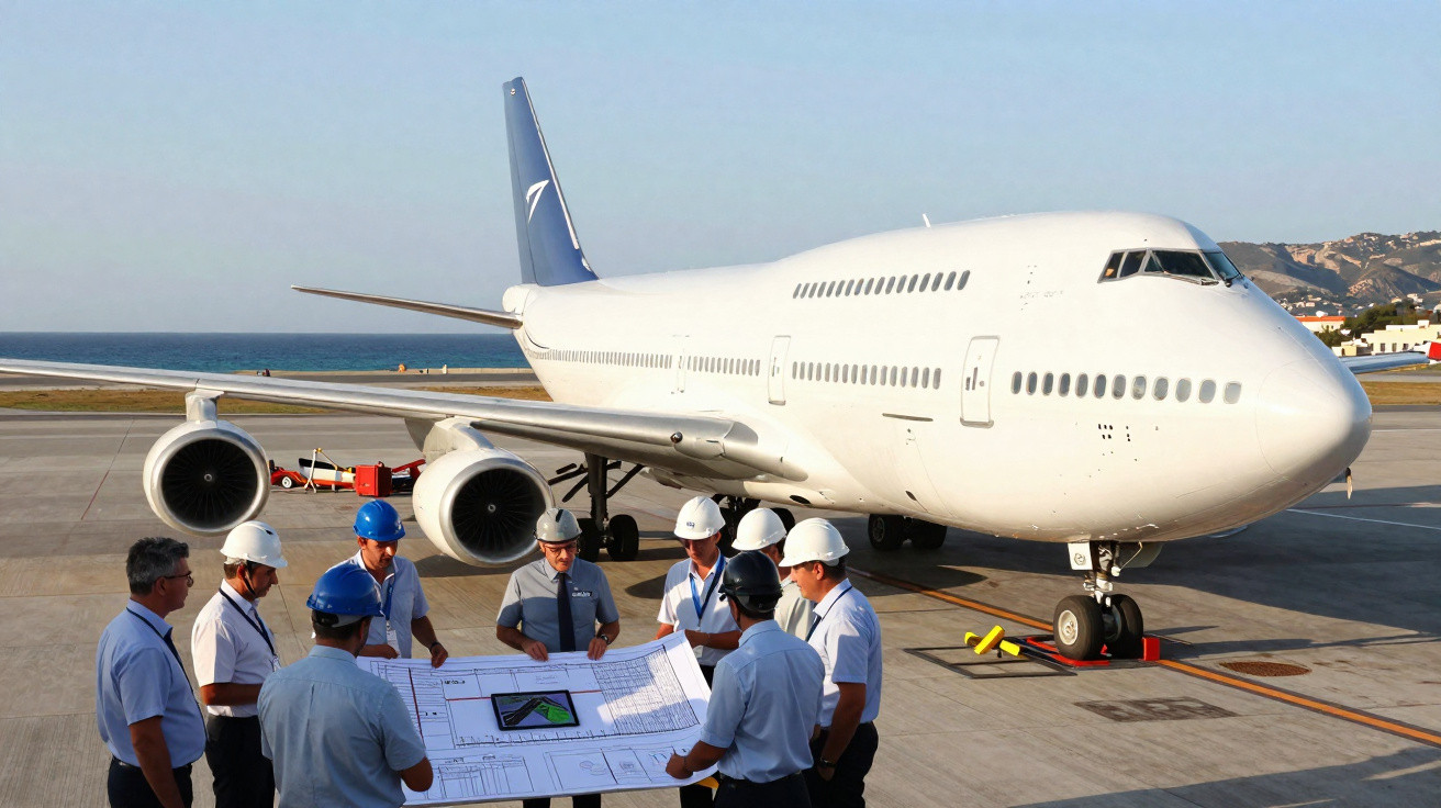 Equipe de trabalhadores com capacetes revisando plantas ao lado de um grande avião na pista.