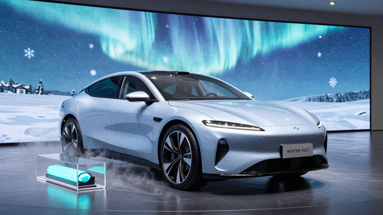 Carro elétrico prata exibido em salão com cenário de inverno e aurora boreal ao fundo.