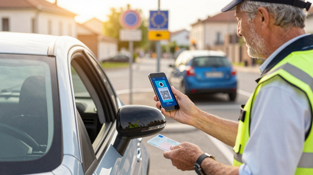 Agente verifica QR code no celular de motorista durante fiscalização de trânsito em área urbana.