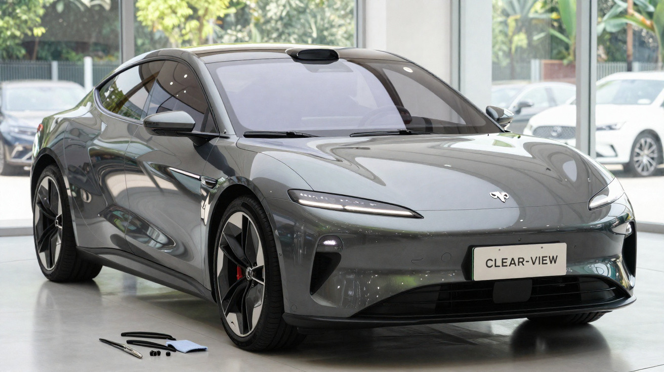 Carro elétrico cinza futurista modelo Clear-View em exposição dentro de showroom moderno com janelas panorâmicas.