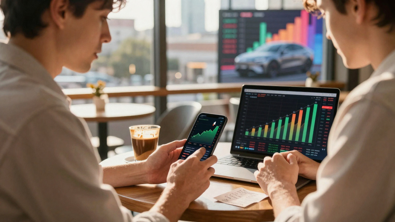 Duas pessoas analisando gráficos financeiros em um celular e laptop em uma mesa com café.