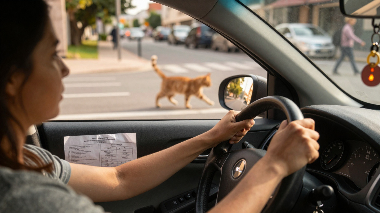 Mulher dirige carro na cidade enquanto gato atravessa a rua na faixa de pedestre.