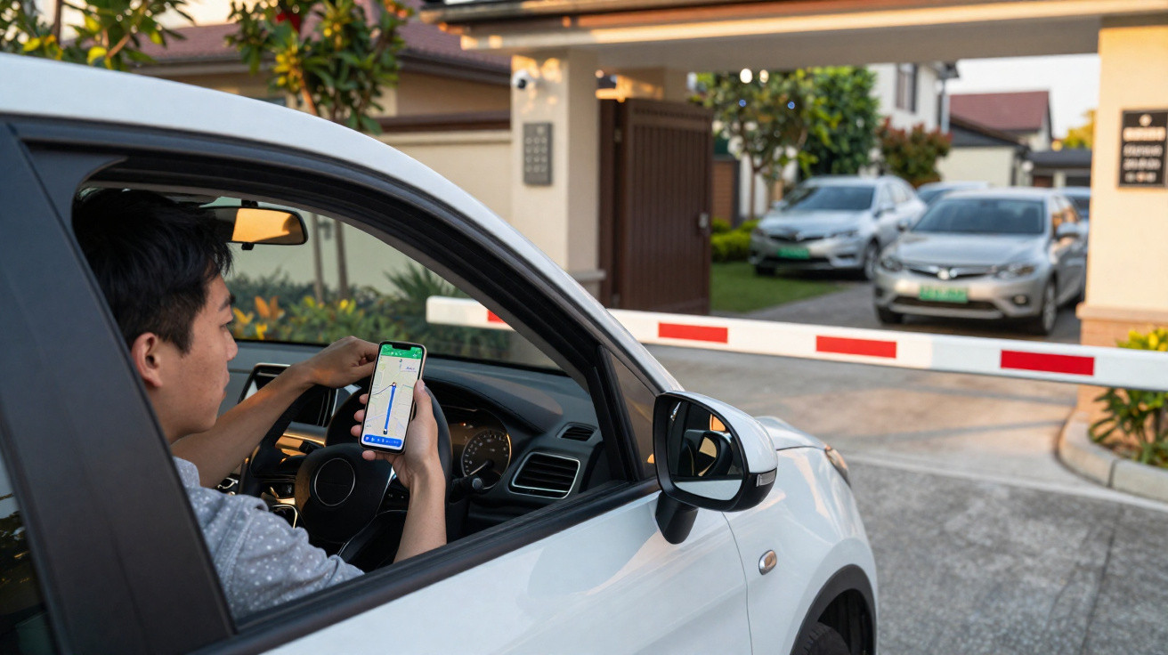 Homem em carro branco segurando celular com aplicativo de navegação enquanto espera cancela abrir em condomínio.