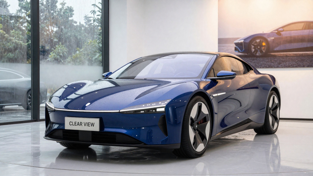 Carro esportivo azul elétrico apresentado em showroom moderno com grande janela e pôster do veículo na parede.