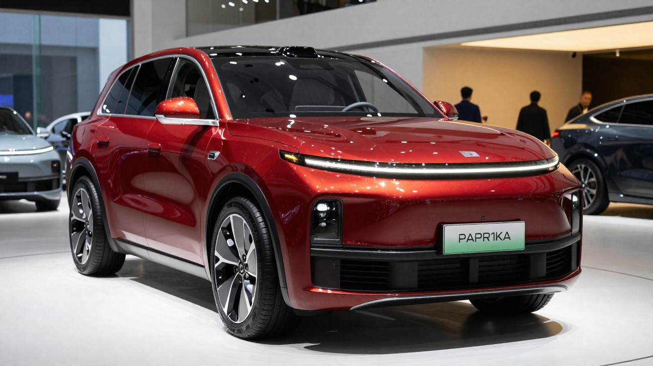 SUV elétrico vermelho modelo Paprika exposto em salão automotivo moderno.