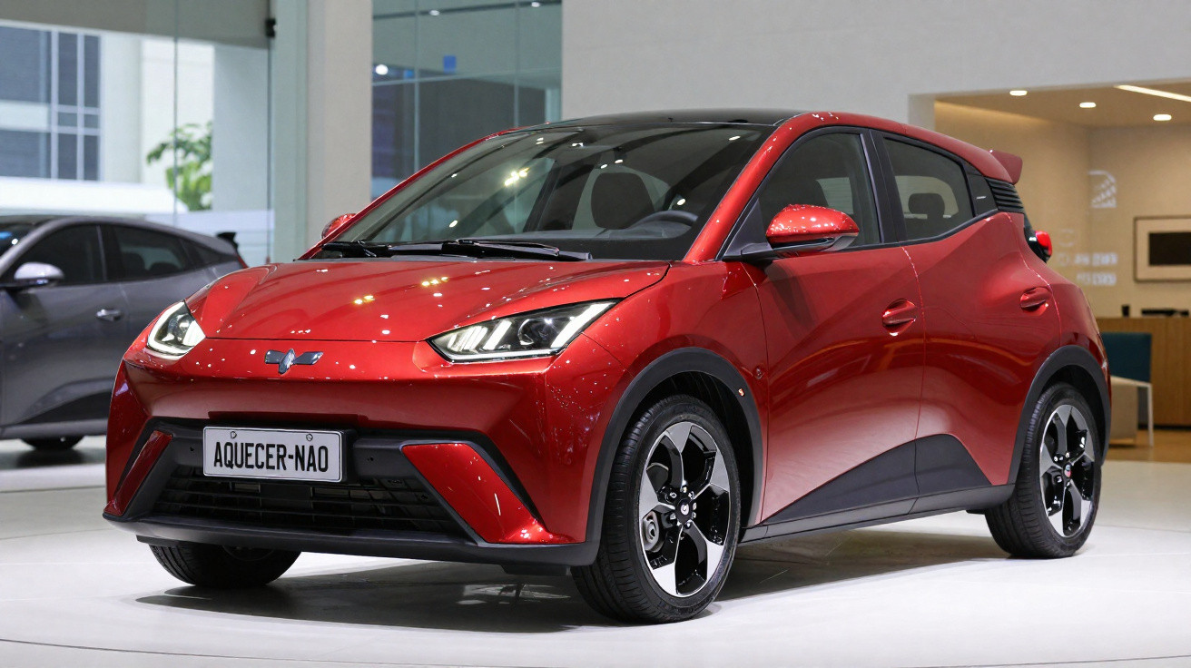 Carro compacto elétrico vermelho exposto em showroom moderno com placa personalizada "AQUECER-NÃO".