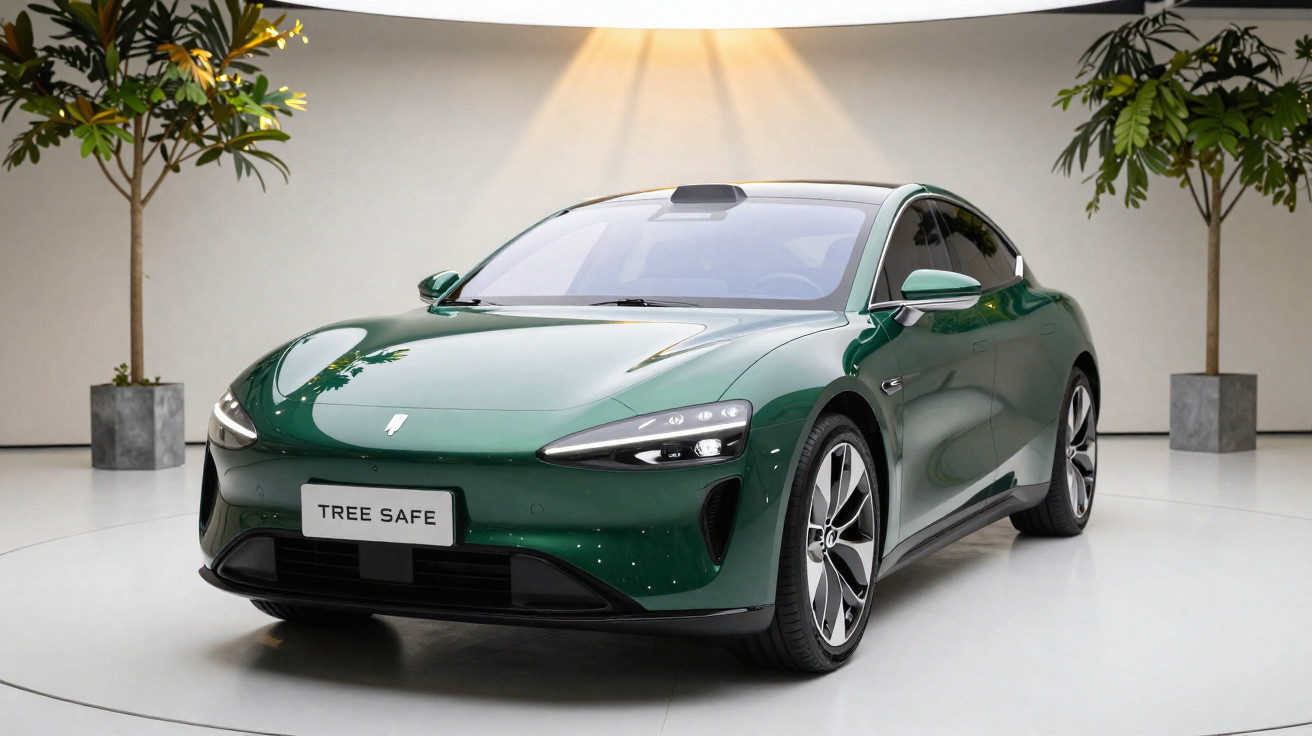 Carro elétrico verde modelo Tree Safe em ambiente interno com iluminação suave e plantas ao fundo.