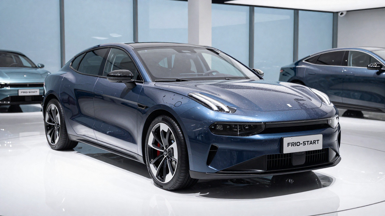 Carro esportivo azul escuro em exposição dentro de showroom moderno e iluminado.