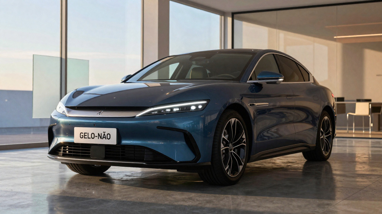 Carro elétrico azul estacionado em ambiente interno moderno, com luz natural entrando pelas janelas.