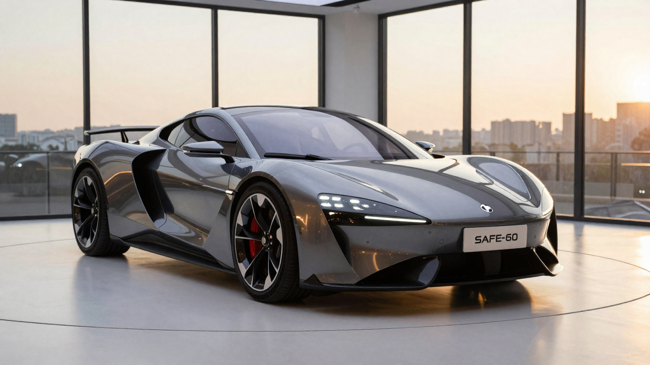 Carro esportivo cinza metálico com design aerodinâmico em showroom moderno com janelas grandes.
