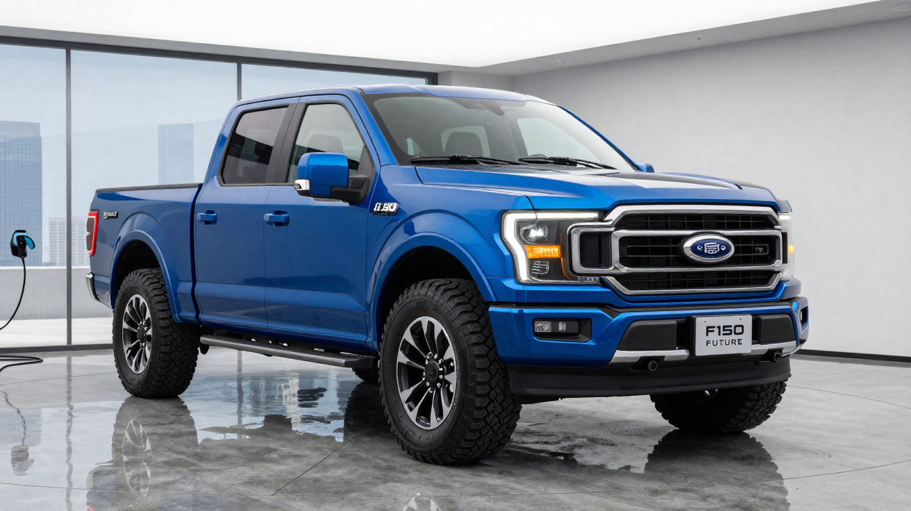 Picape elétrica Ford F-150 azul, modelo Future, estacionada em garagem moderna com piso refletivo.